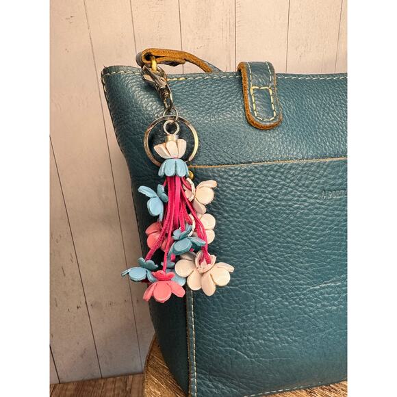 West Hills Studio Handbags - Accessory Purse Charm Genuine Leather Bag Charm Blue Pink White Flower Bouquet